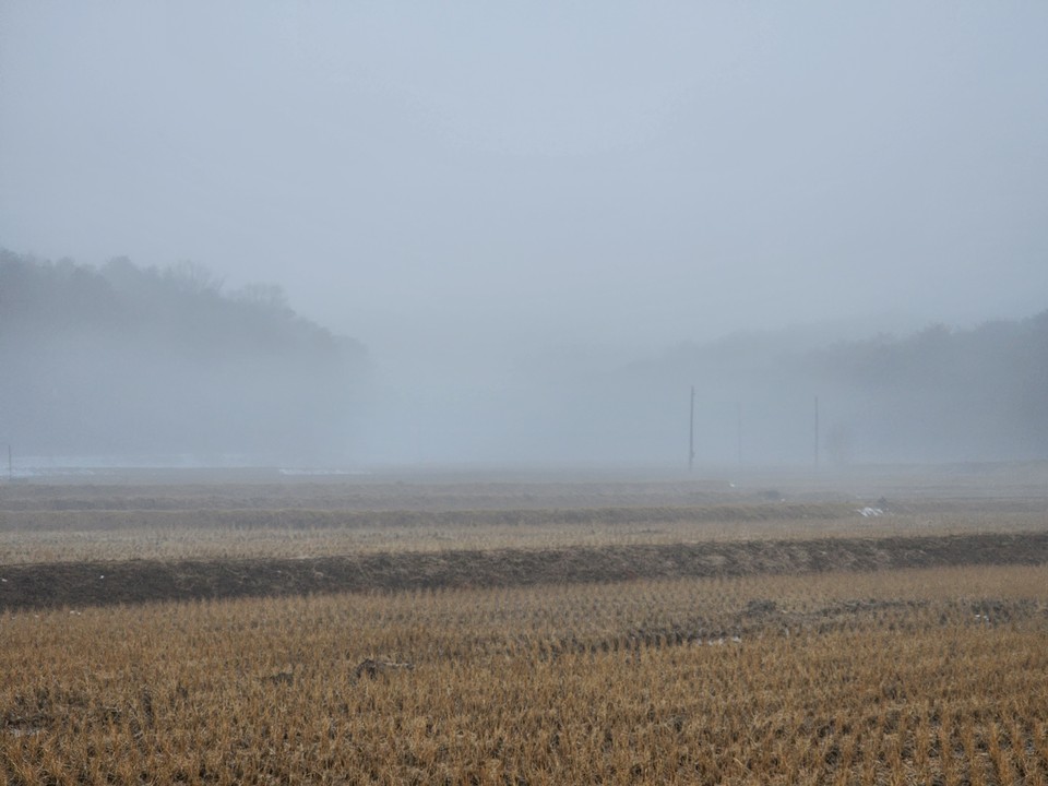 13일 오후 광주시 남한산성 인근 들녘에 겨울비가 내려 짙은 안개가 자욱하게 끼여있다. (사진=장은기 기자)