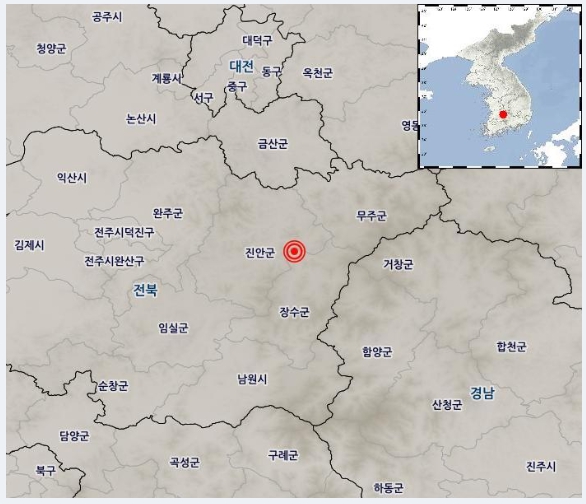 기상청이 전북 장수군 북쪽에서 발생한 지진규모를 당초 4.1에서 3.5로 하향조정해 발표했다. 사진은 지진 발생 위치도. (사진제공=기상청)