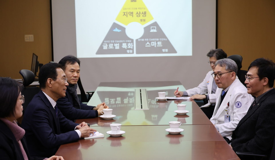 김주영 의원(사진 왼쪽 가운데)과 인하대와 병원 관계자가 인하대김포메디컬조성 사업과 관련해 대화를 나누고 있다. (사진제공=김주영 의원실)